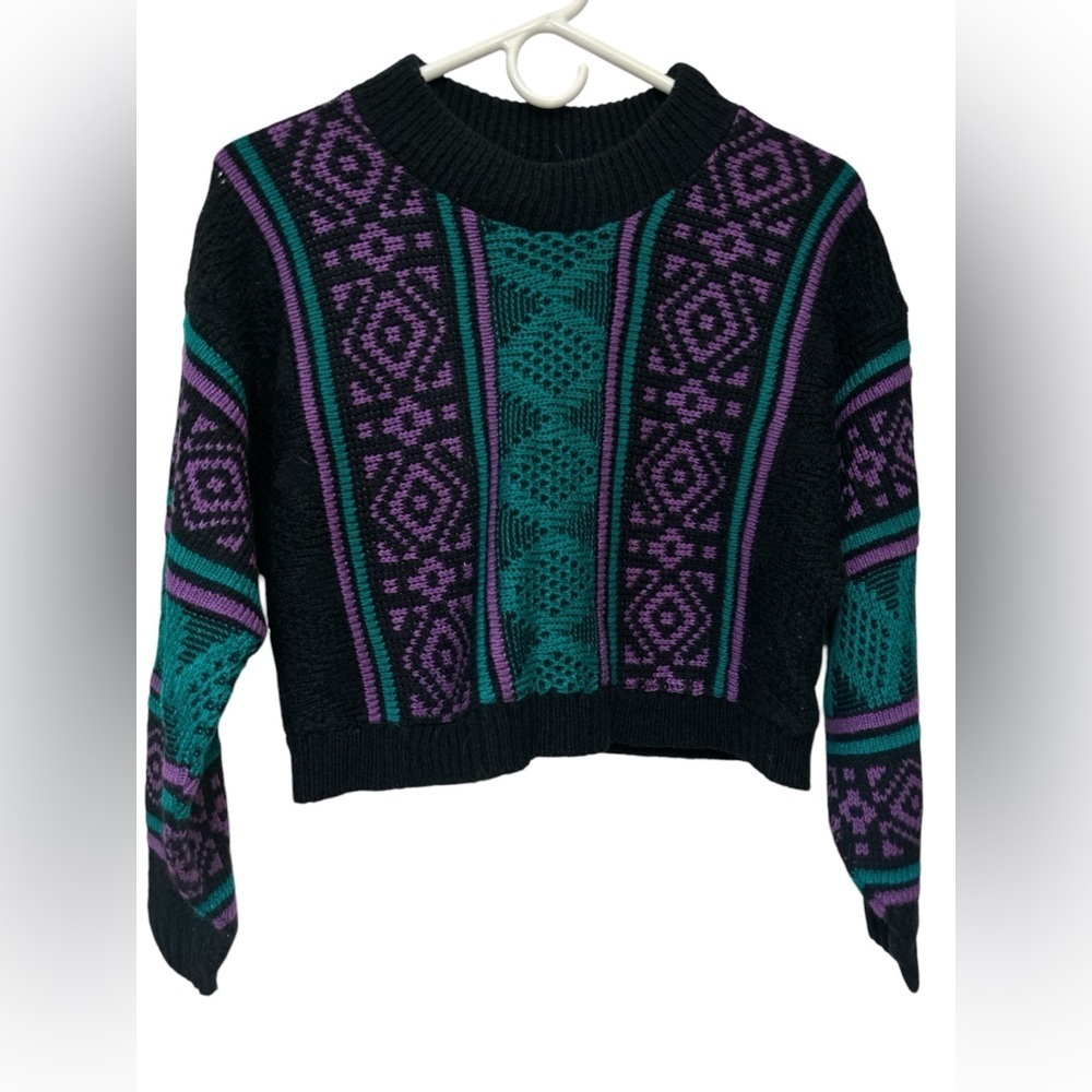 Domani vintage purple green geometric cropped sweater